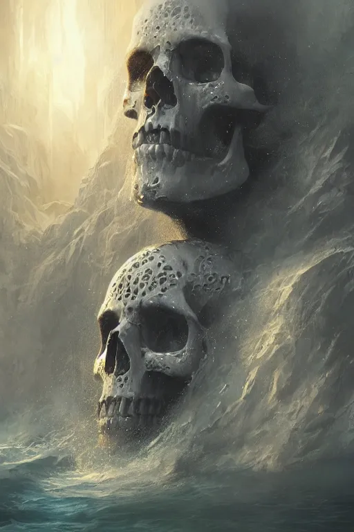 Image similar to atlantis skull, close - up portrait, powerfull, intricate, elegant, volumetric lighting, scenery, digital painting, highly detailed, artstation, sharp focus, illustration, concept art, ruan jia, steve mccurry