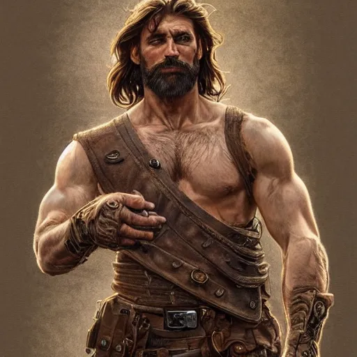 Image similar to portrait of a rugged ranger, coherent hands, handsome, muscular, full body, leather, hairy, d & d, fantasy, intricate, elegant, highly detailed, digital painting, artstation, concept art, smooth, sharp focus, illustration, art by artgerm and greg rutkowski and alphonse mucha