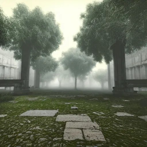 Prompt: quiet glade in the style of ancient greece cyberpunk