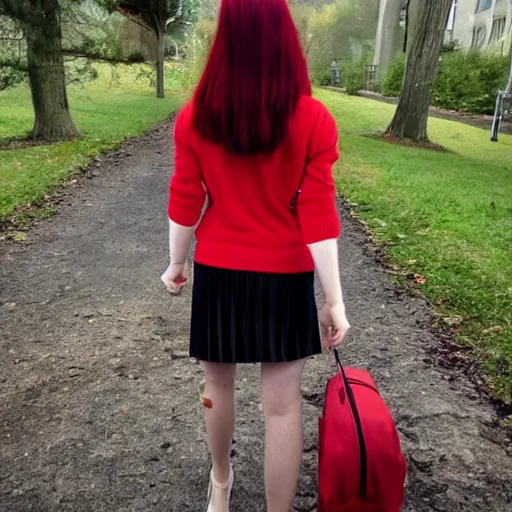 Prompt: photograph of a woman with straight red hair from the back wearing a backpack, knit sweater, and pleated skirt