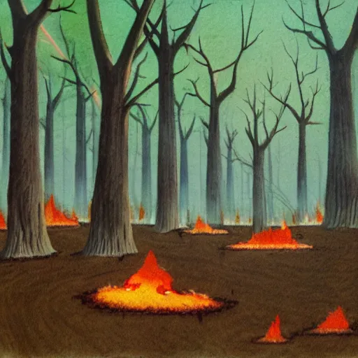 Image similar to mushroom trees viewed from the burning forest floor with a god ray drawn by John Avon