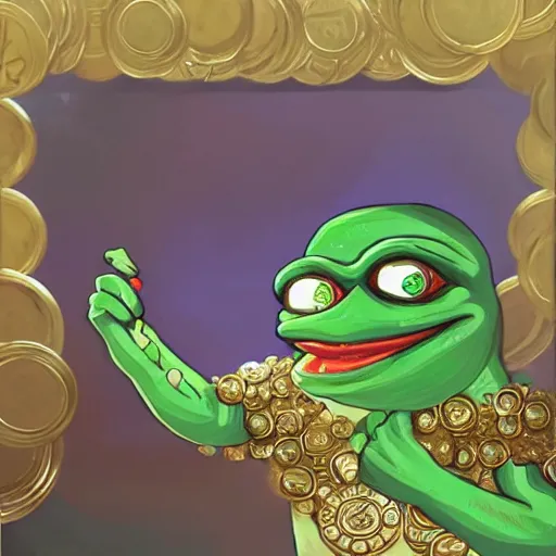 Prompt: super rich happy pepe, coins, gold, crystals, greg rutkowski