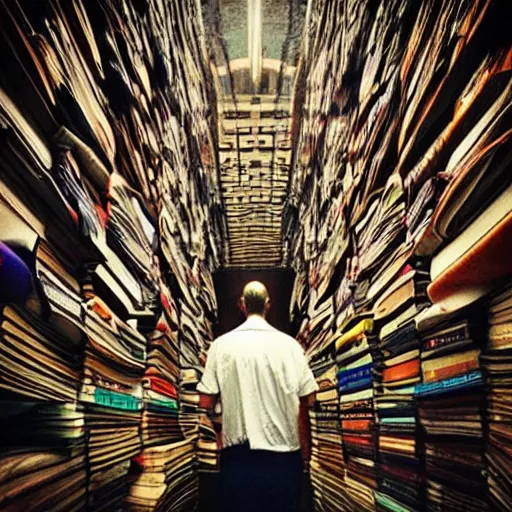 Prompt: “a dramatic photo of a wizard standing in the center of a tornado of books”