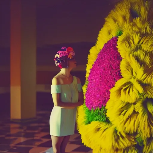 Image similar to giant flower head, full body, girl standing in mid century hotel, surreal, symmetry, bright colors, cinematic, wes anderson