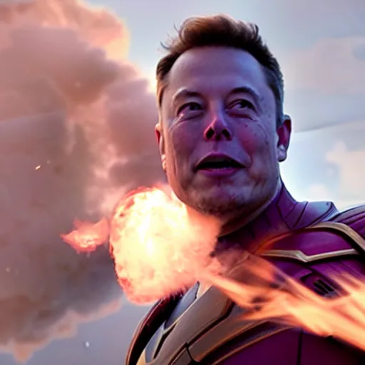 Image similar to elon musk as thanos exhaling a large smoke cloud from his bong, movie still, cinematic lighting