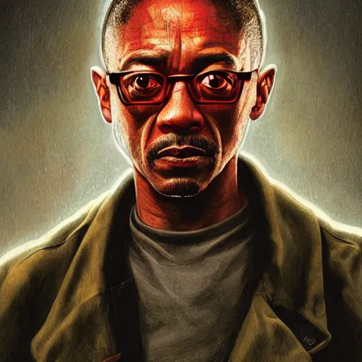 Image similar to portrait of Giancarlo Esposito as a Stranger Things villain, bloody, sinister, intricate, headshot, highly detailed, digital painting, artstation, concept art, sharp focus, illustration, art by artgerm and greg rutkowski and alphonse mucha