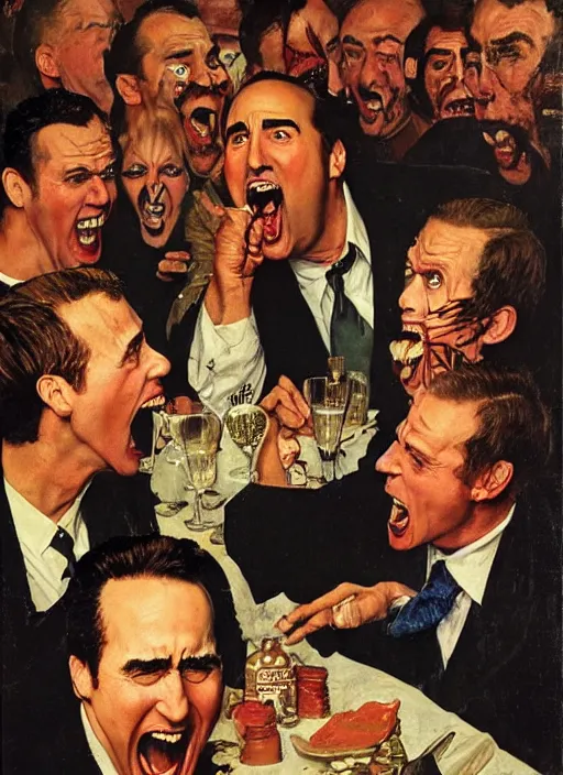 Image similar to full body and head portrait of nicholas cage screaming about crazy evil in a restaurant as everyone else looks puzzled, painted by norman rockwell and tom lovell and frank schoonover