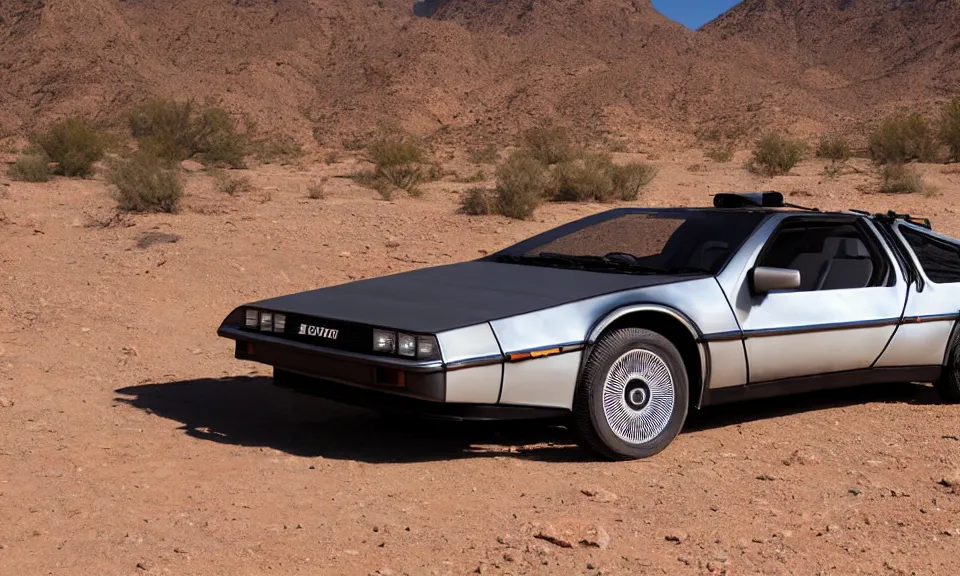 Image similar to photo of a delorean standing in the desert