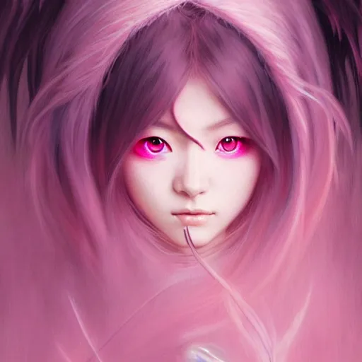 Prompt: Portrait of japanese anime wizard girl, D&D, pink eyes, face, fantasy, intricate, elegant, in pink forest, highly detailed, digital painting, artstation, concept art, smooth, sharp focus, illustration, art by artgerm and greg rutkowski and alphonse mucha