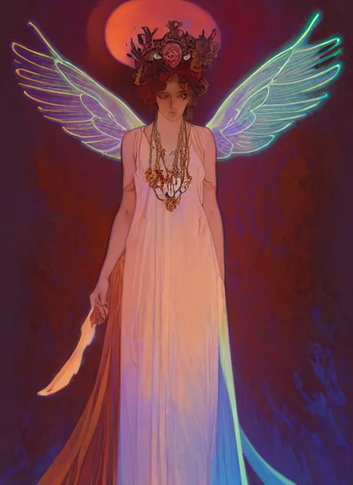 Image similar to ombre velvet gown, alphonse mucha, beautiful elegant woman with glowing wings, portrait, neon outline, long hair, tiara, dozens of jeweled necklaces, by greg rutkowski, brom, anato finnstark