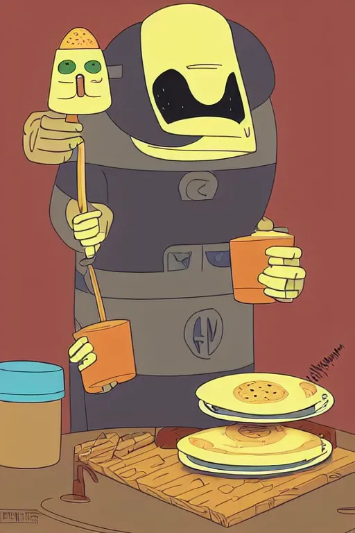 Image similar to mf doom making pancakes in style of adventure time, animation pixar style, by pendleton ward, magali villeneuve, artgerm, rob rey and kentaro miura style, golden ratio, trending on art station