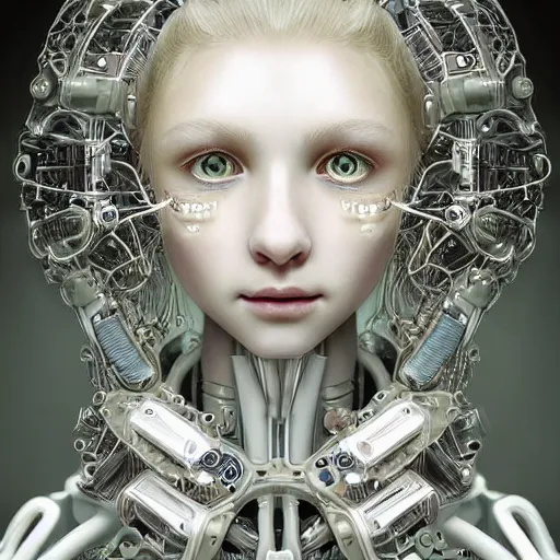 Prompt: stunning hyperdetailed upclose symmetrical portrait of 1 4 year old caucasian cyborg girl with translucent porcelain skin, lush thick hair, big electric eyes, ultra detailed ornate neon wire lacing, ultra detailed steampunk cyborg implants, complex white nano mechanical flowers, micro detail, by satoshi kon, sharp focus, trending on artstation hq, deviantart, pinterest, 8 k