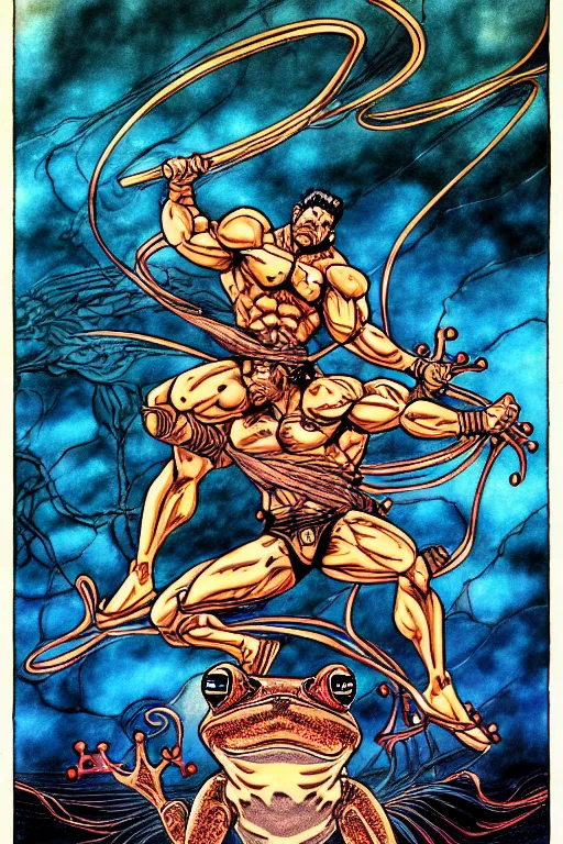Image similar to illustration of a buff man riding a frog, lightning and static surges around him, intricate linework, in the style of moebius, ayami kojima, 1 9 9 0's anime, retro fantasy