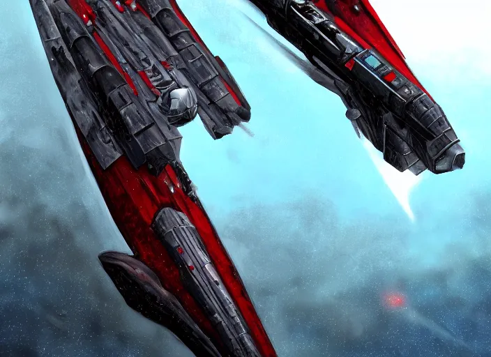 Prompt: digital painting of a republic hammerhead class cruiser with a red! banner! showing a black! warhammer!, star wars spaceship, higly detailed