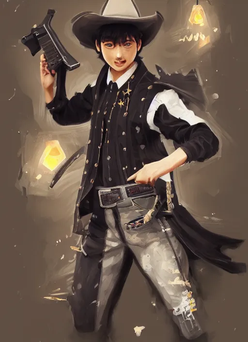 Prompt: a highly detailed illustration of kento yamazaki as a cheeky cowboy wearing cowboy hat and black tracksuit, heroic mid air wielding revolvers pose, intricate, elegant, highly detailed, centered, digital painting, artstation, concept art, smooth, sharp focus, league of legends concept art, wlop