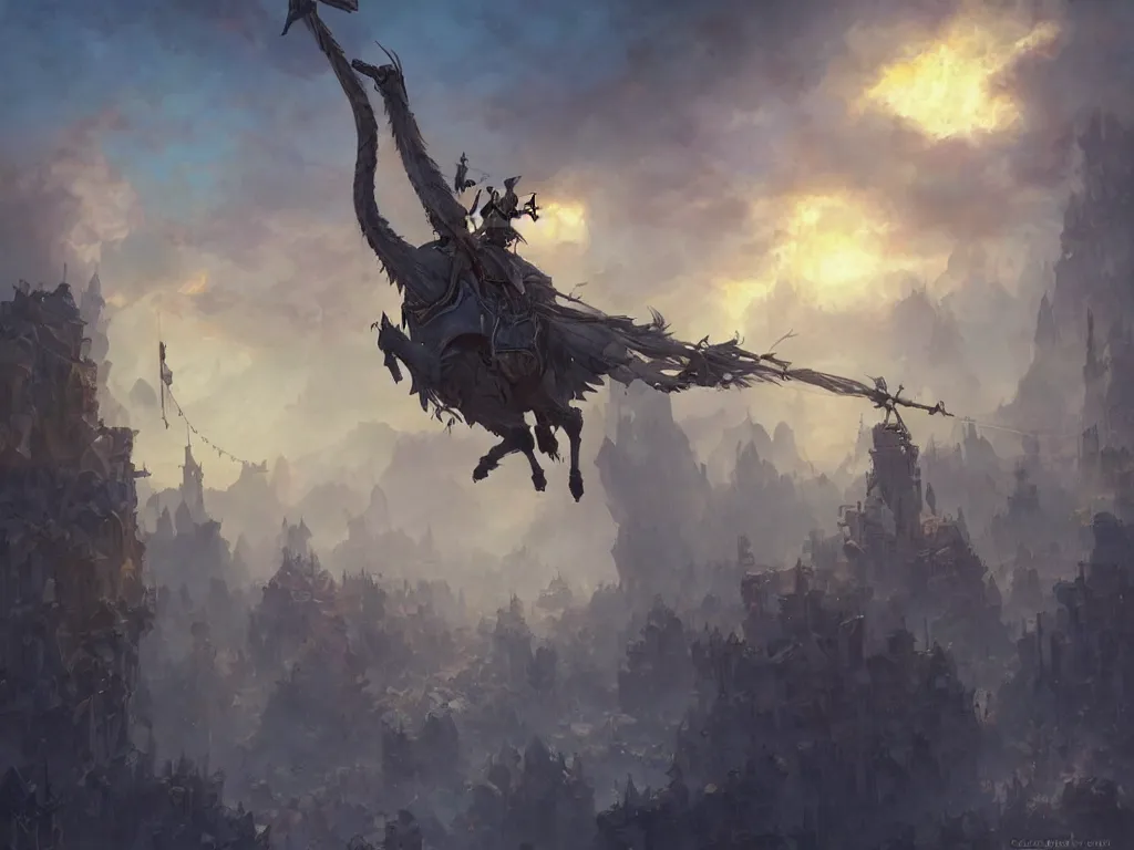 Prompt: knight riding a crane at dawn, hearthstone art style, epic fantasy style art by Craig Mullins, fantasy epic digital art, epic fantasy card game art by Greg Rutkowski