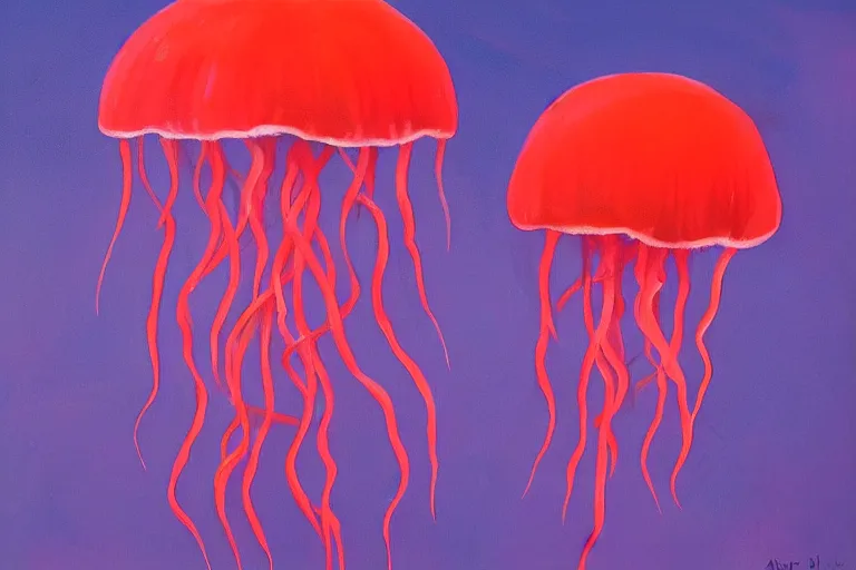 Image similar to painting of a red jellyfish in the deep sea alone, focus on pink jellyfish, dark background, arcylic,