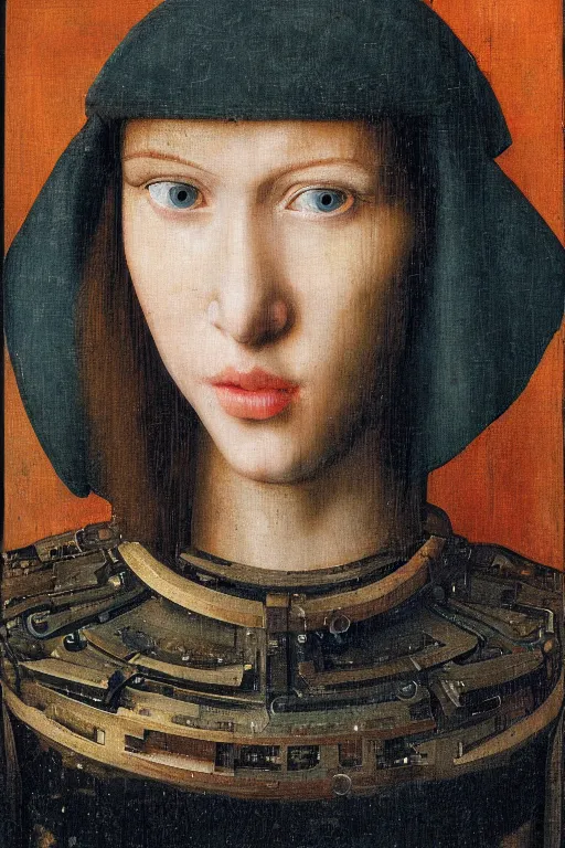 Image similar to a close - up portrait of a cyberpunk cyborg girl, by jan van eyck, rule of thirds