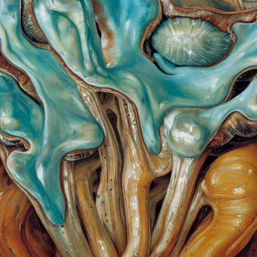 Image similar to high quality high detail painting by lucian freud and jenny saville, hd, fungi growth, turquoise