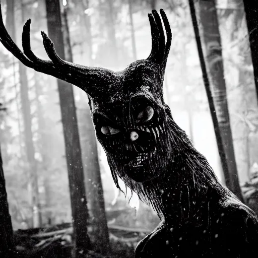 Image similar to flash photo of wendigo rushing out of the woods, dramatic, high contrast