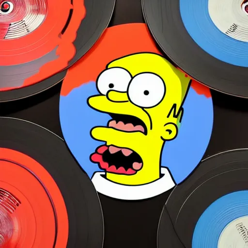 Image similar to svg sticker of a Homer-Simpson at a rave, spinning records, giant headphones rocking out, wearing headphones, huge speakers, dancing, rave, DJ, spinning records, digital art, amazing composition, rule-of-thirds, award-winning, trending on artstation, featured on deviantart