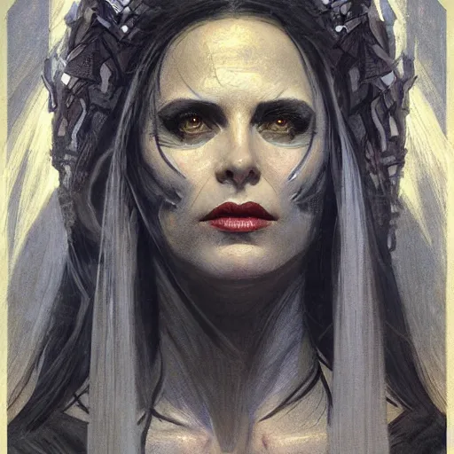 Image similar to ''face portrait of hela from norse mythology covered in shadows, black shadows, greece, fantasy, dungeons and dragons, d & d, digital painting, artstation, concept art, sharp focus, illustration, art by greg rutkowski and alphonse mucha''