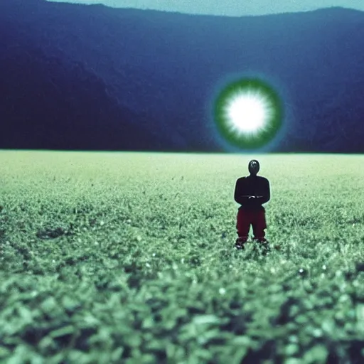 Prompt: an extreme wide shot of a Kanye West holding a glowing white orb standing in a field of dead grass next to a lake, far away, vintage photo, film grain, cold