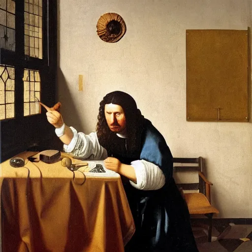 Image similar to An oil painting of Antonie van Leeuwenhoek sat at an escritoire desk with his hand touching an ammonite fossil, there is a window with muntins to his left and a wood closet behind him, in the style of The Astronomer by Vermeer, Dutch Golden Age, Old Masters