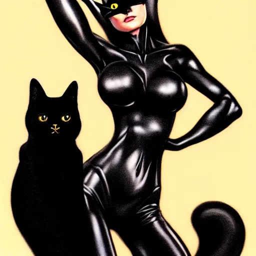 Image similar to portrait of bat woman holding a black cat, confident pose, radiant light, art by peter lloyd 1 9 8 0, airbrush style, art by hajime sorayama,, intricate, elegant, sharp focus, illustration, highly detailed, concept art, matte, sharp focus, illustration, highly detailed, concept art, h 6 4 0