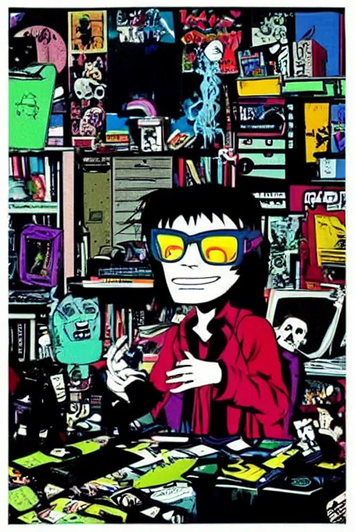 Prompt: nerdy goth guy, cluttered messy 9 0 s bedroom, by jamie hewlett, jamie hewlett art, vaporwave, 9 0 s aesthetic, 9 0 s vibe,