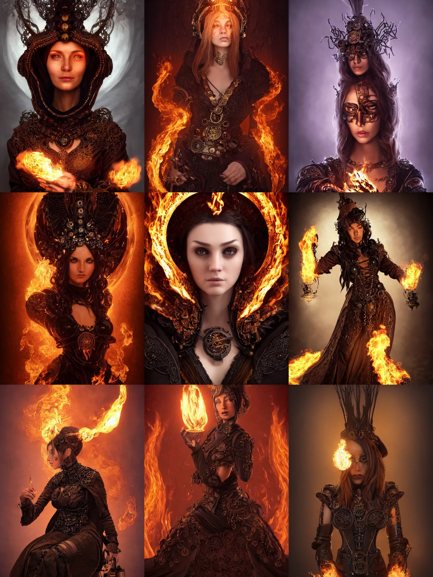 Prompt: portrait evil steampunk pyromancer woman, beautiful facial features, ornamental halo, black shirt, brown body, coat, intricate robes, sitting on obsidian throne, fractal fire background, sharp focus, highly detailed, cinematic lighting, studio quality, chiaroscuro, smooth render, unreal engine 5 rendered, octane, rendered, by artgerm, greg rutkowski, alphonse mucha