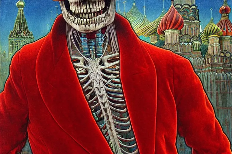 Image similar to realistic detailed closeup portrait painting of a single skeleton wearing red velvet blazer in a crowded futuristic moscow street by Jean Delville, Amano, Yves Tanguy, Alphonse Mucha, Ernst Haeckel, Edward Robert Hughes, Roger Dean, rich moody colours, blue eyes