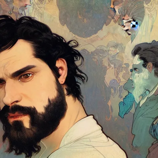 Image similar to portrait of a man with black hair and beard, looking directly into the camera, background is complete chaos, sharp focus, illustration, art by greg rutkowski and alphonse mucha''