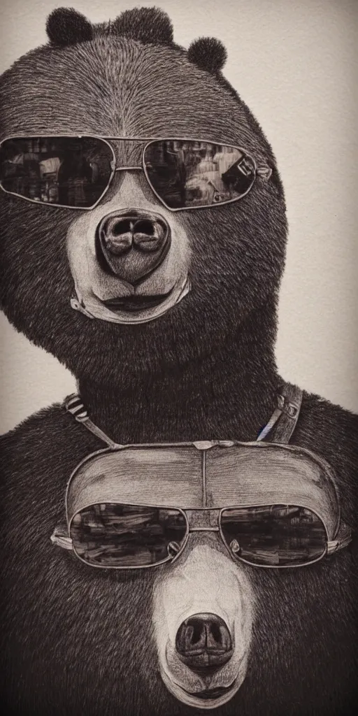 Image similar to a detailed portrait of a humanoid bear man wearing aviators