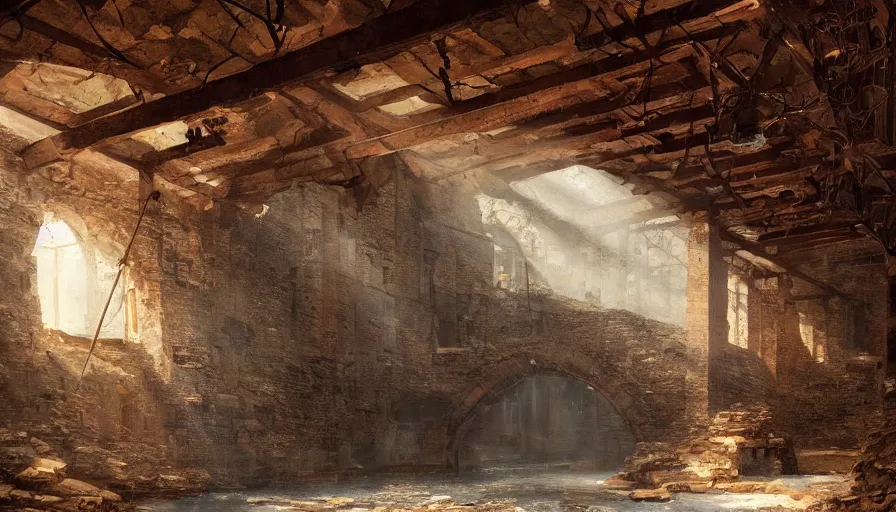 Prompt: a beautiful painting of of an old abandoned 1 8 0 0's century gold mineshaft with exposed beams by greg rutkowski and kalin popov, trending on artstation, masterpiece,