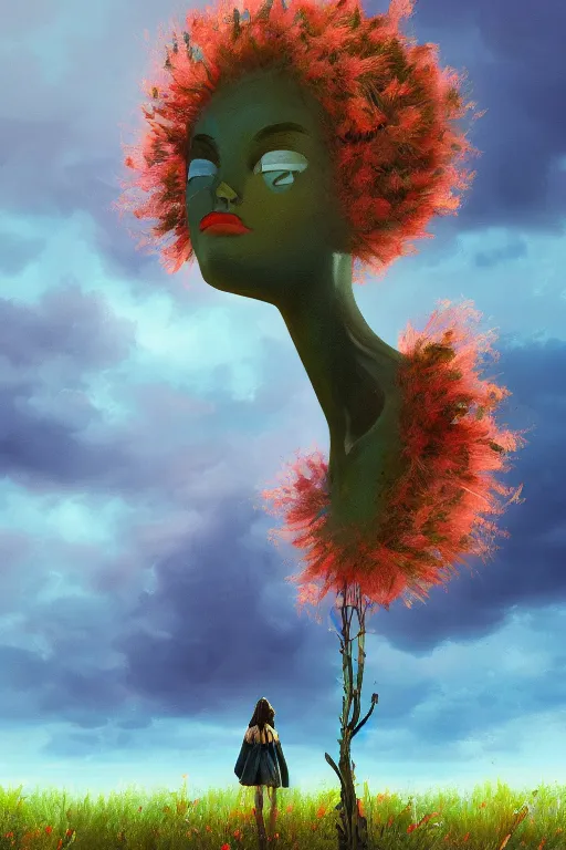 Image similar to portrait of giant flower head, a girl with coat between bushes, surreal photography, wind and cold, dramatic sky, impressionist painting, digital painting, artstation, simon stalenhag