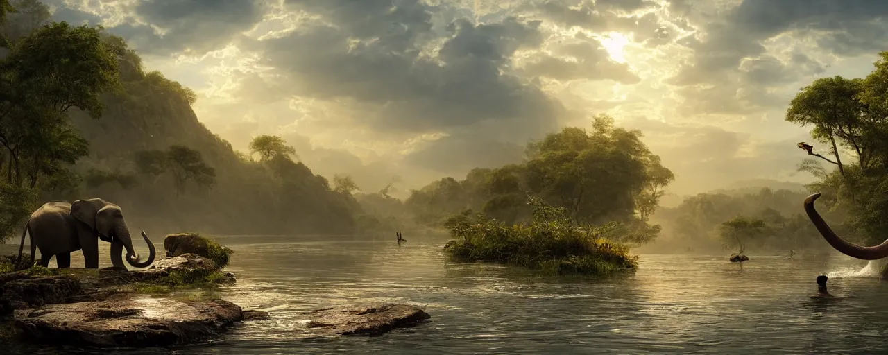 Image similar to an elephant taking bath in the river, beautiful dynamic lighting, cinematic, wide angle establishing shot, extremely high detail, photo realistic, cinematic lighting, post processed, concept art, artstation, matte painting, style by frederic church, raphael lacoste, unreal engine 8 k