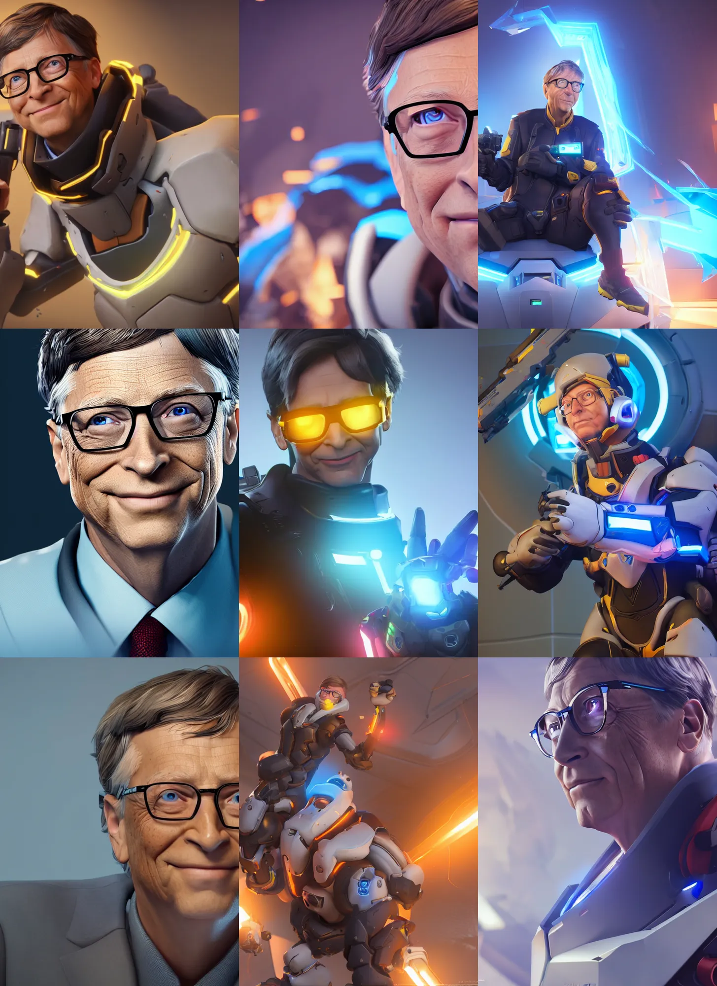 Prompt: bill gates in overwatch, overwatch fanart, trending on artstation, 8 k, octane render, detailed lighting, aesthetic, unreal engine