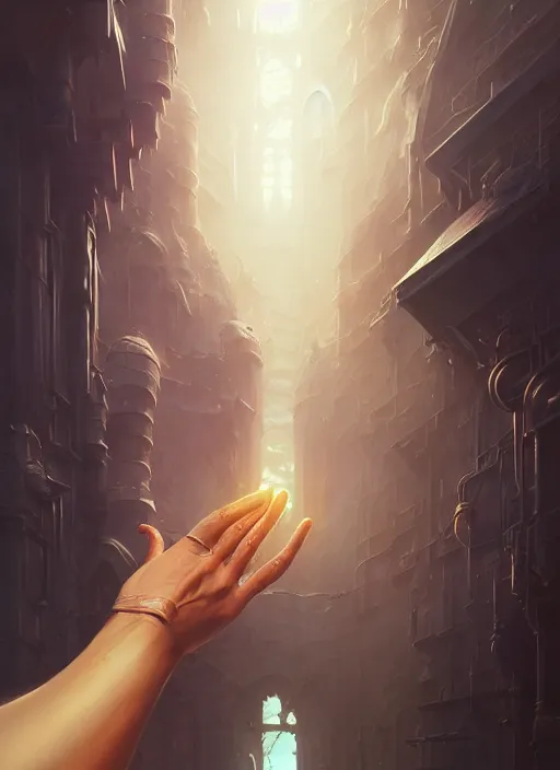 Image similar to Highly detailed Hand, Stephen Bliss, unreal engine, fantasy art by Greg Rutkowski, Loish, Rhads, Makoto Shinkai and Lois van baarle, ilya kuvshinov, rossdraws, Tom Bagshaw, global illumination, radiant light, detailed and intricate environment