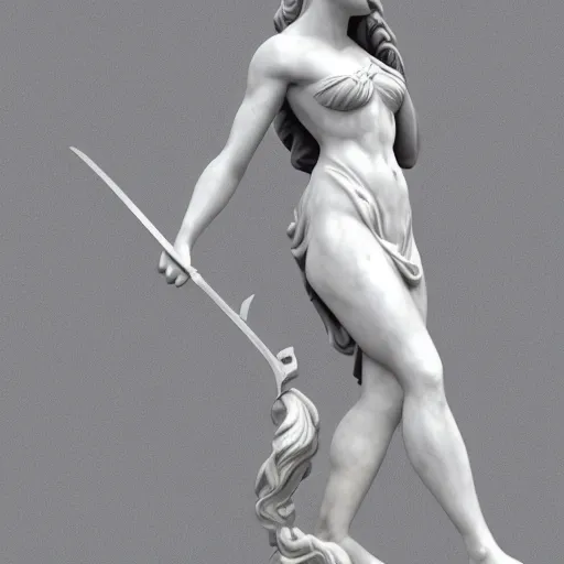 Prompt: beautiful marble statue of athena, view on staue face, sword in her hands, realistic proportions, realistic face, hyperrealistic, 8 k, full size photo, artstation