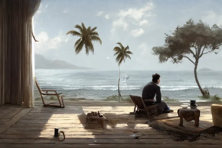 Image similar to a matte painting of a man sitting down and having a cup of tea in his house by the beach, by greg rutkowski, muted colors