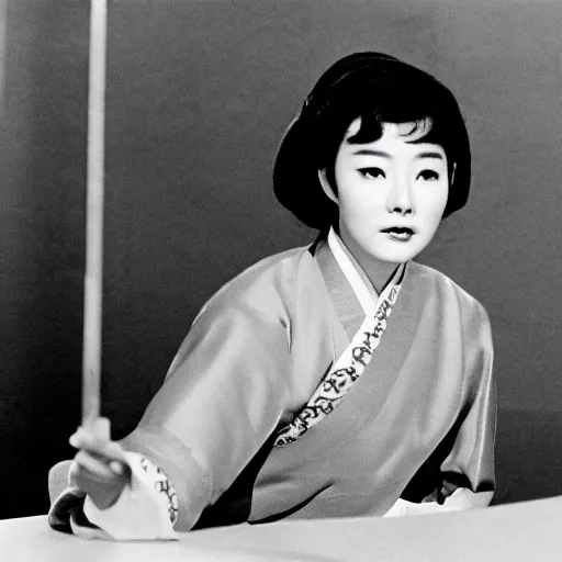 Image similar to The 1960s actress Choi Eun-Hee in a hanbok sitting on a couch, the room is dimly-lit and a starfish\'s arm reaches through the window, minimal cinematography by Akira Kurosawa, movie filmstill, 1950s film noir, thriller by Kim Jong-il and Shin Sang-ok, abstract occult epic composition