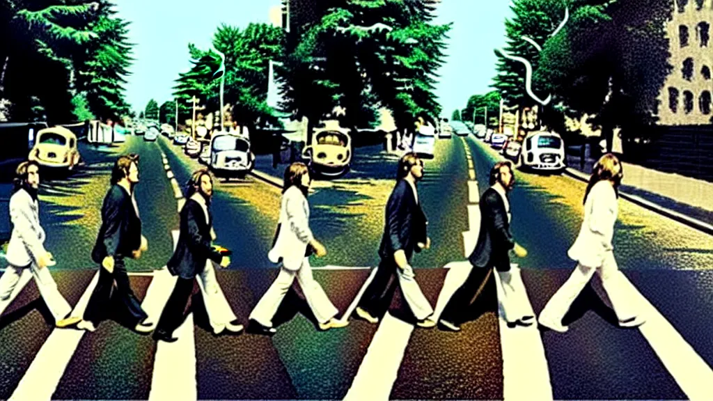 Image similar to The Beatles made out of Honey!! on abbey road, film still from the movie directed by Denis Villeneuve