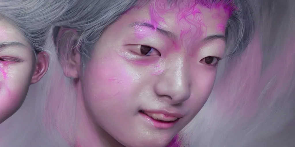 Image similar to a portrait of a very beautiful young asian goddess, seductive smile, with pink and grey hair radiating swirling paint and impasto, sleepy eyes by wlop and edward robert hughes, background is volumetric displacement, hyperrealism, subsurface scattering, arnold render, 8 k, houdini, xparticles