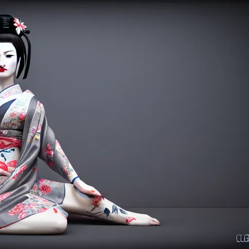 Image similar to an android geisha in a lotus position wearing a flowing kimono and tattoos, octane render, unreal engine, 8 k, cinematic, artwork by ilya kuvshinov