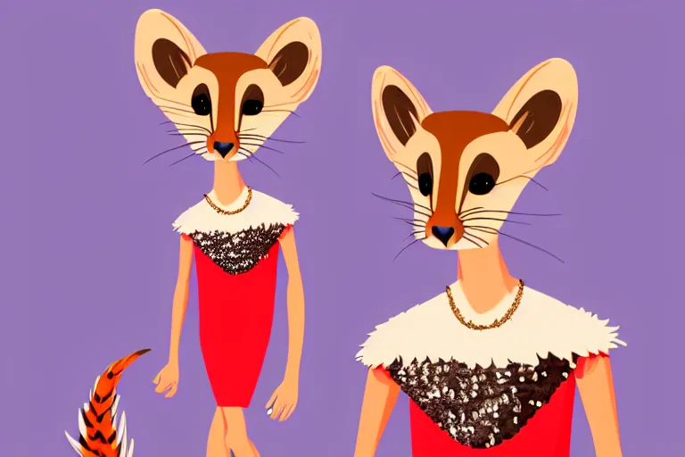 Prompt: detailed flat 2 d : female marten character : wearing jewelry : wearing sequins feathers dress : head legs red shoes : lorax movie : artstation