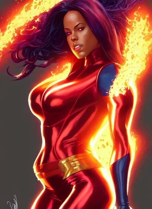 Image similar to full body portrait of marvel cinematic universe aaliyah haughton, x - men, jean grey, elegant, fire, phoenix, starfire, highly detailed!! digital painting, artstation, glamor pose, concept art, sharp focus, illustration, art by artgerm and greg rutkowski, artey freytag