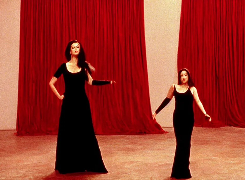 Prompt: A film still of a pretty woman dressed in a thin black dress singing on a stage in front of red curtains from mulholland drive by david lynch and annie leibovitz, backlighting, worm\'s eye view