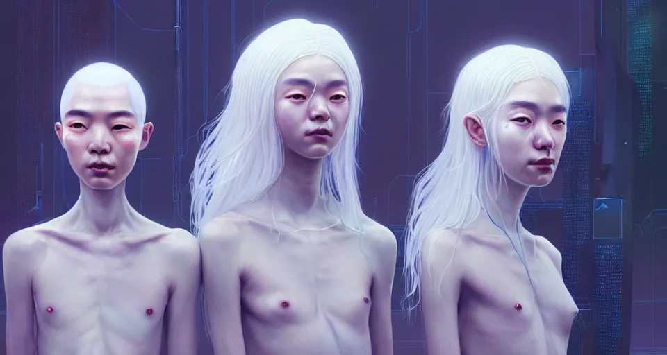 Image similar to portrait of yael shelbia and kang seul - gi, venus squid astronaut, white hair, intricate design details. cyberpunk symmetrical facial, by ruan jia and beeple. smooth gradients, deep space.