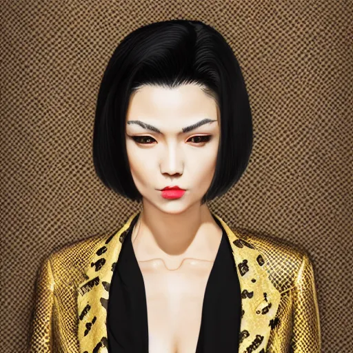 Image similar to yakuza slim girl, gold suit jacket in snake print, jacket over bare torso, yakuza tattoo Irezumi on body, black short curtain haircut, black leather pants with black belt, portrait, beautiful face, elegant, 2d, ultra highly detailed, digital painting, smooth, sharp focus, artstation, art by Ilya Kuvshinov, rossdraws